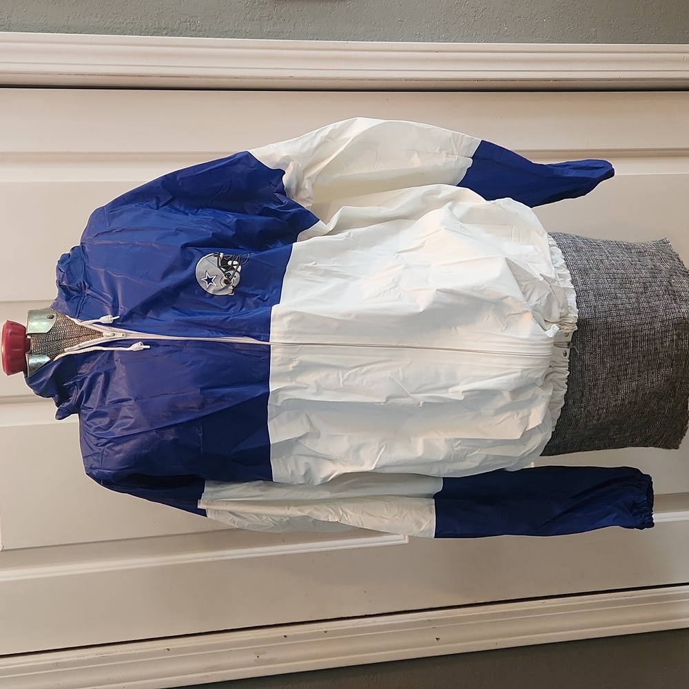 Dallas Cowboys, rain jacket, hood, zip up, pockets, 100% PVC, navy, white, XL